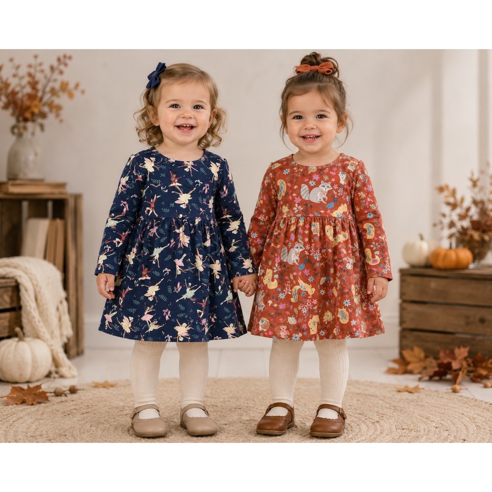 Wonder Nation 2pc Long Sleeve Dress Set Girls 2T Navy Ballerina Woodland Cotton